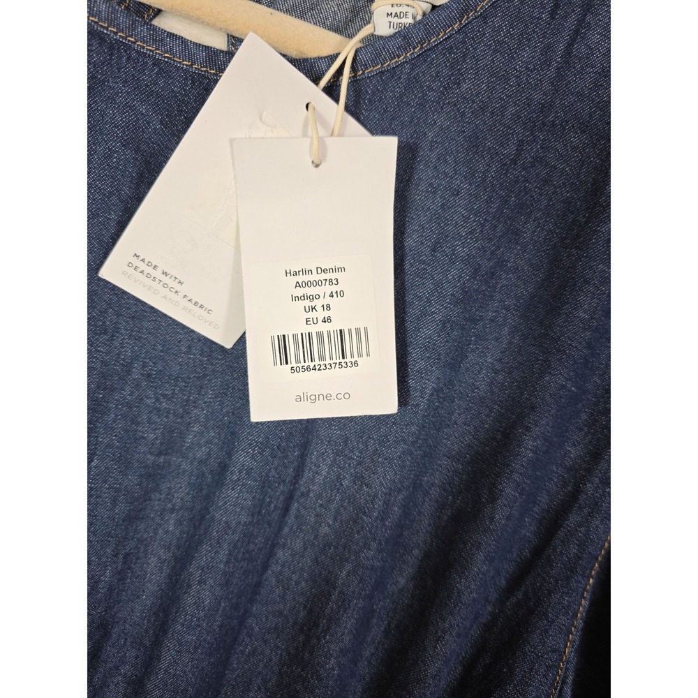 NWT ALIGNE Harlin Denim Midi Dress UK18 US14 Cotton Puff Sleeve Pockets Blue - Picture 9 of 14